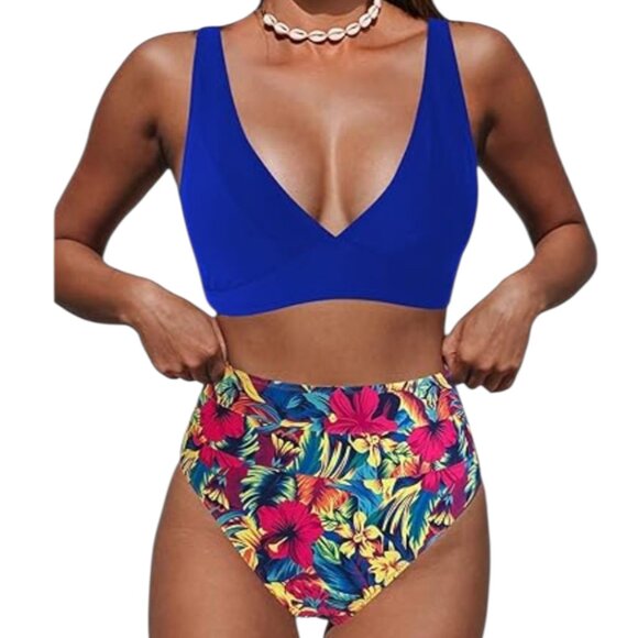 Women's Blue Tropical Print Plunge Neck High Waisted Bikini Set Size L NWT - Picture 1 of 16